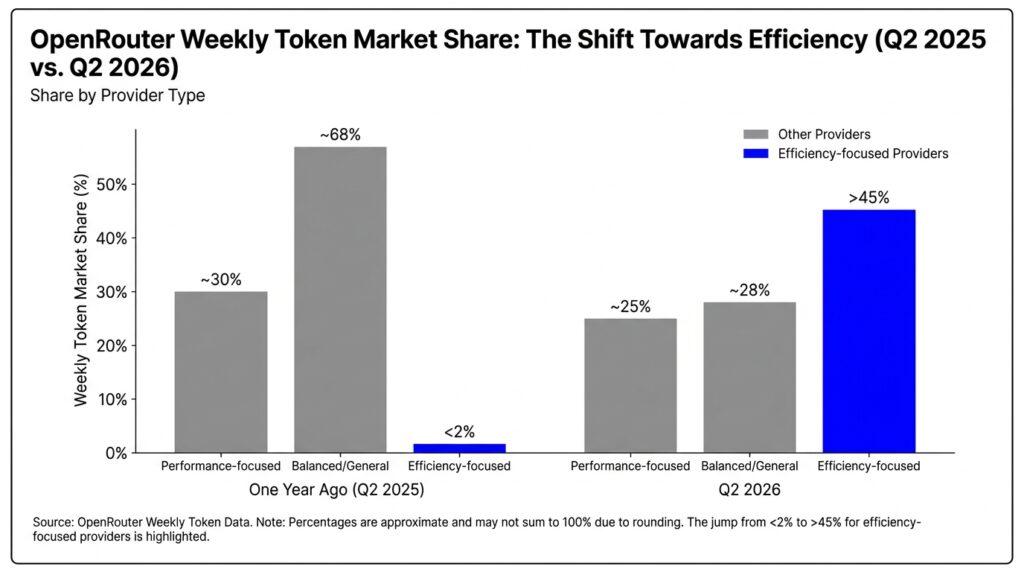 Bar chart showing efficient small model AI providers growing from under 2 percent to over 45 percent of OpenRouter token market share in 2026