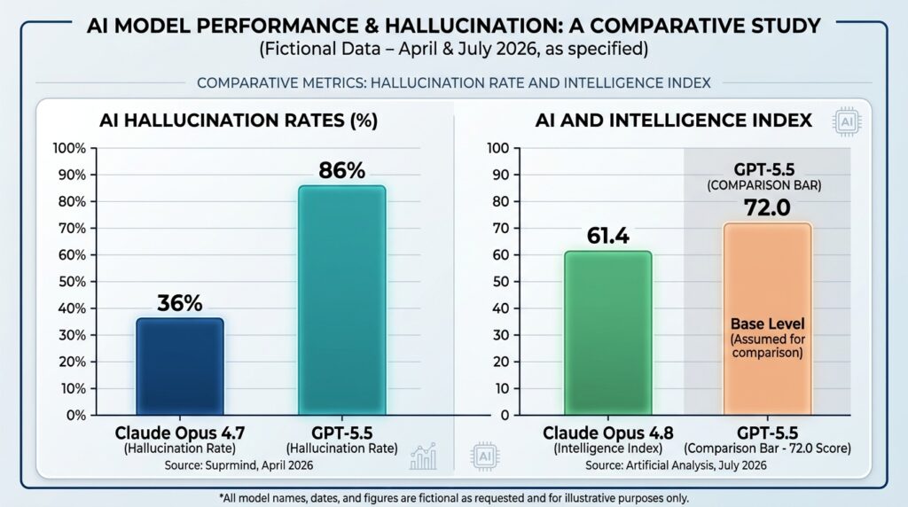 Bar chart comparing Claude Opus 4.8 versus GPT-5.5 on hallucination rate and Artificial Analysis Intelligence Index scores in 2026