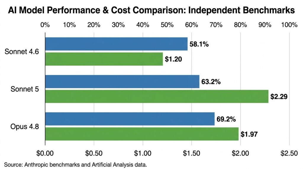 Bar chart comparing Claude Sonnet 5 versus Sonnet 4.6 and Opus 4.8 on agentic benchmark score and real-world per-task cost from Artificial Analysis 2026 data