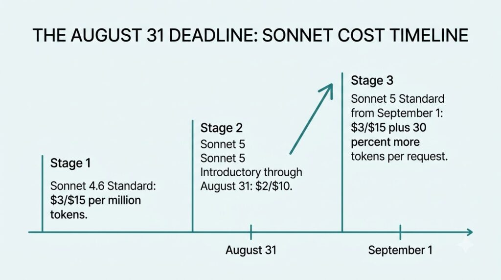 Timeline graphic showing Claude Sonnet 5 pricing stages from introductory $2 slash $10 through August 31 to standard $3 slash $15 from September 1 2026