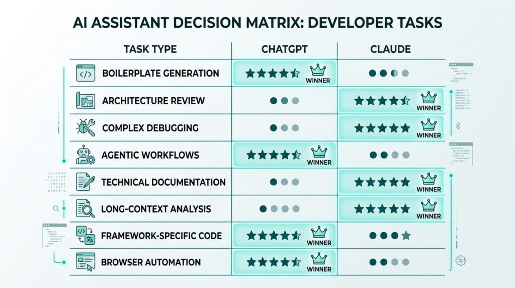 Developer task routing matrix comparing ChatGPT vs Claude for 8 categories of software development work in 2026