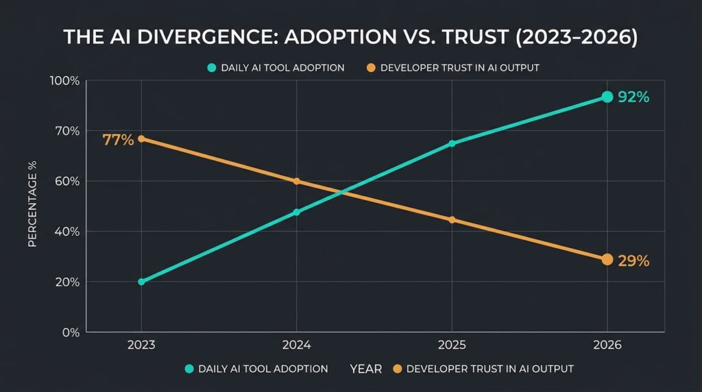 Chart showing AI coding tool adoption rising to 92 percent while developer trust in AI output falls to 29 percent in 2026