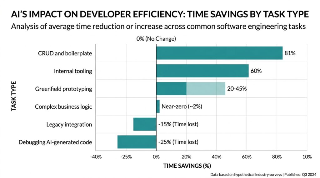 Bar chart showing vibe coding productivity gains by task type in 2026 from boilerplate to complex business logic