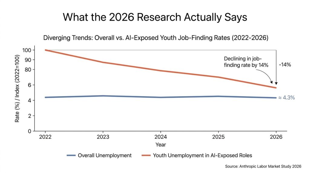 Chart showing youth job-finding rate decline of 14 percent in AI-exposed fields versus flat overall unemployment 2026