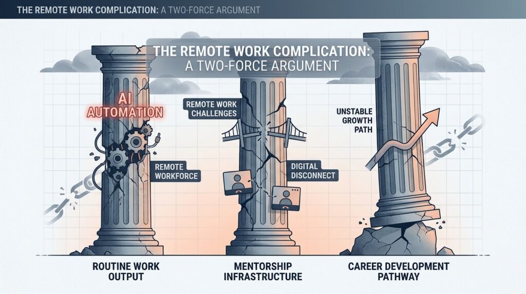 Infographic showing AI and remote work dismantling the two pillars of entry level hiring in 2026