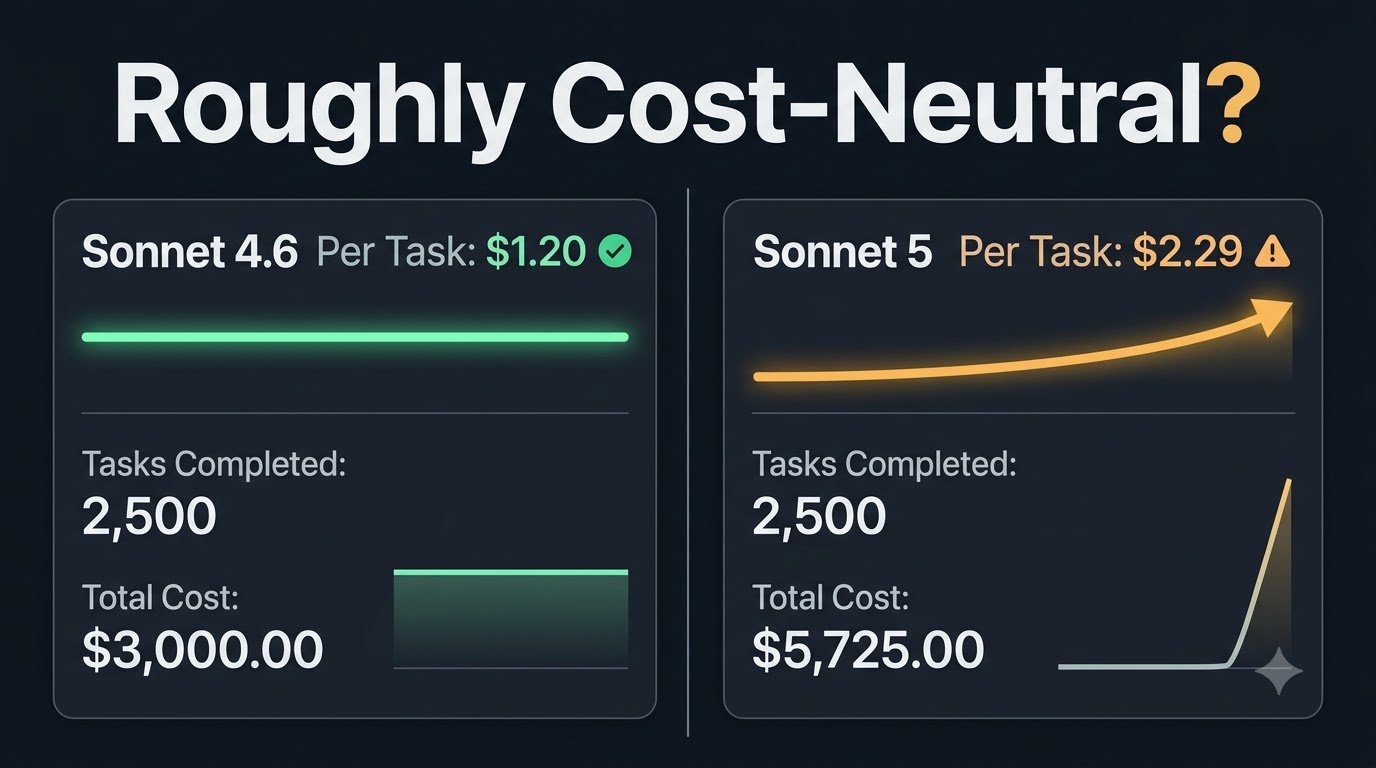 Claude Sonnet 5 pricing performance 2026 comparison showing per-task cost of $2.29 versus Sonnet 4.6 at $1.20 according to Artificial Analysis benchmark data