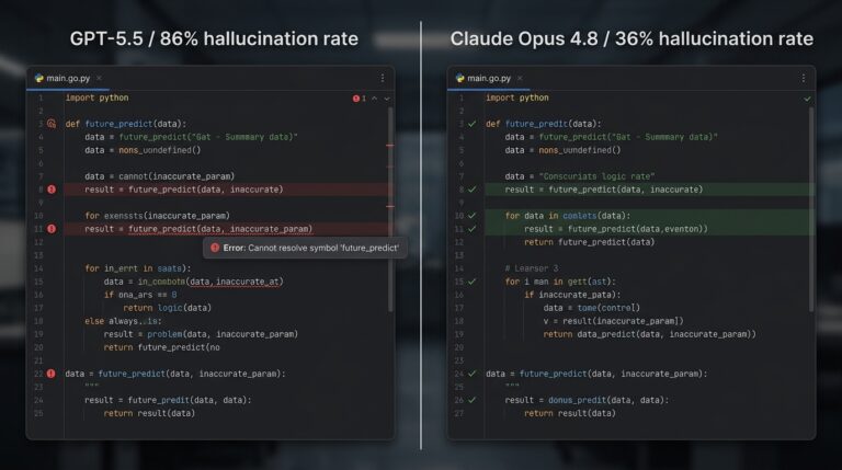 ChatGPT vs Claude for developers 2026 showing hallucination rate comparison between GPT-5.5 at 86 percent and Claude Opus 4.8 at 36 percent