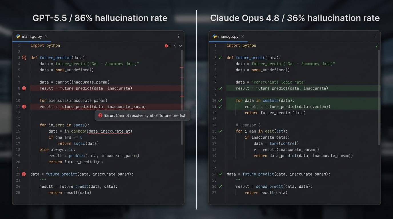 ChatGPT vs Claude for developers 2026 showing hallucination rate comparison between GPT-5.5 at 86 percent and Claude Opus 4.8 at 36 percent