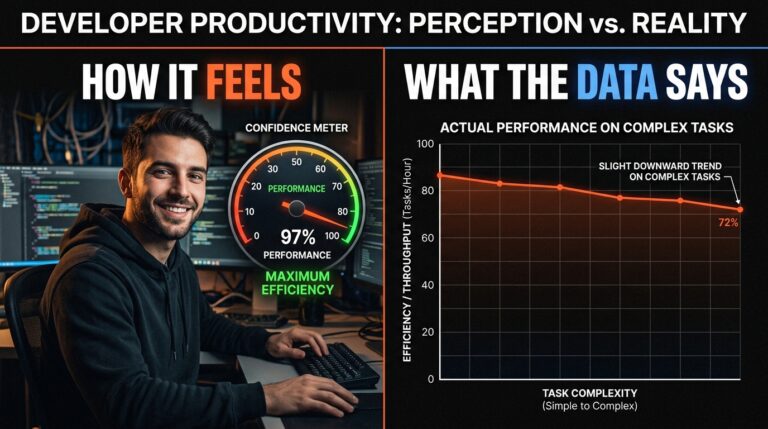 Vibe coding productivity paradox in 2026 showing developer perception versus actual METR study performance data