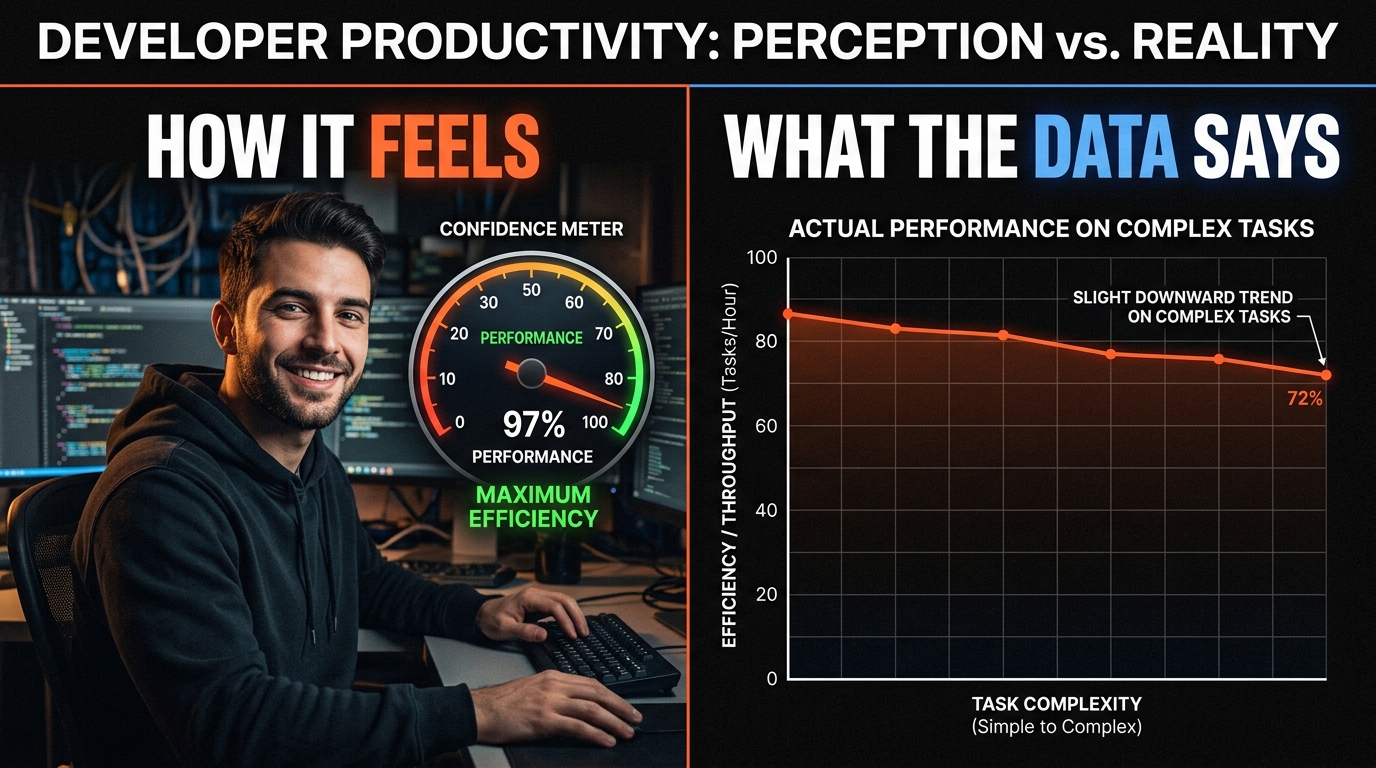 Vibe coding productivity paradox in 2026 showing developer perception versus actual METR study performance data