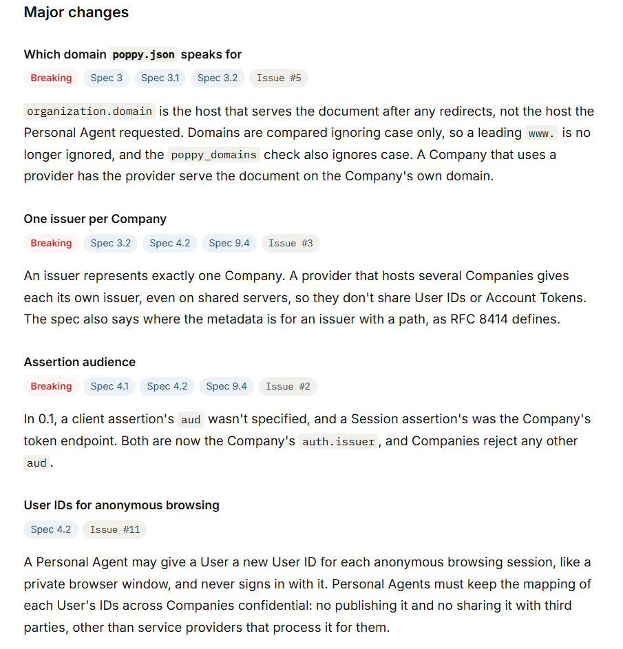 Personal Agent Protocol changelog for version 0.2 showing changes tagged Breaking